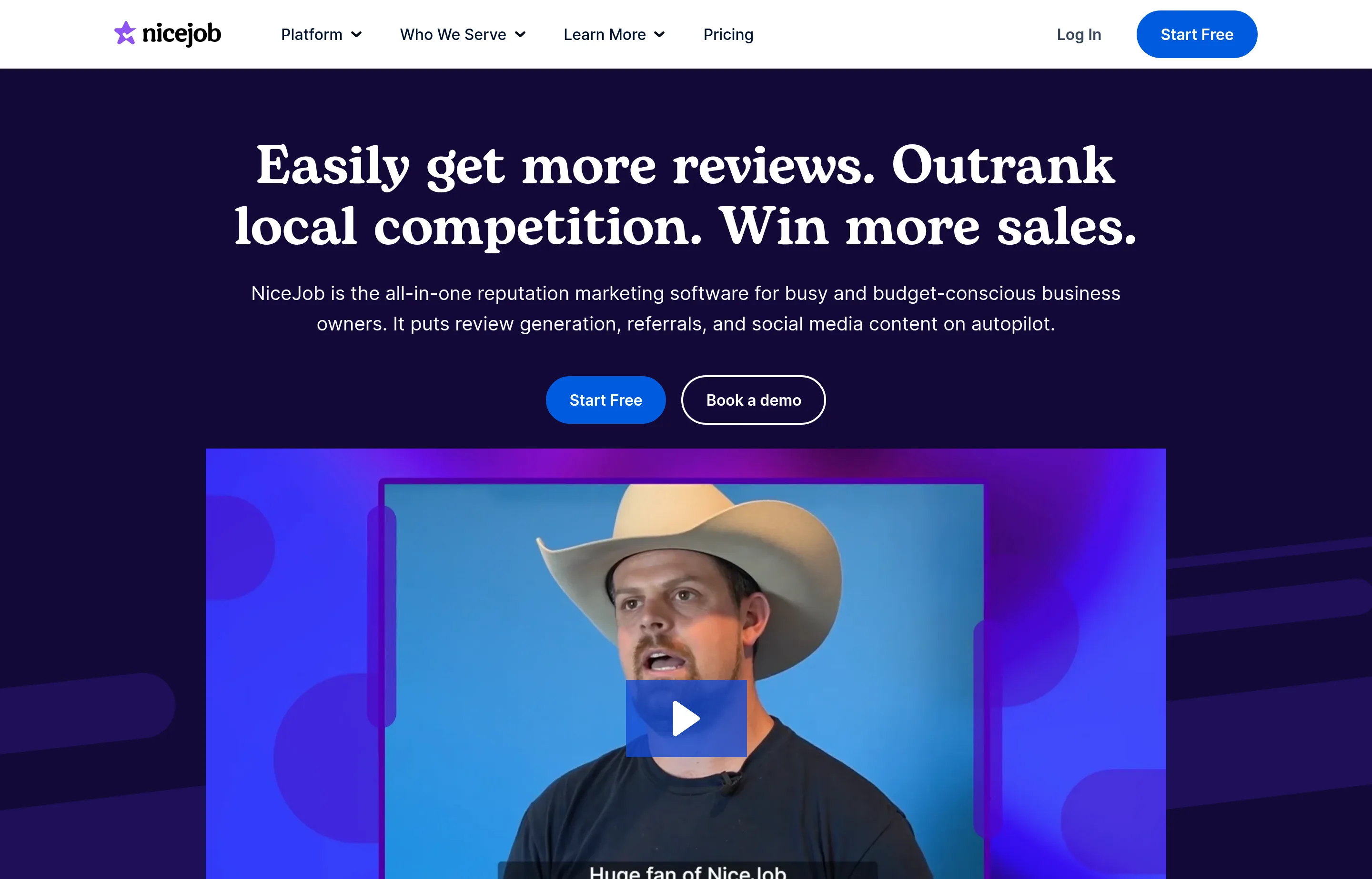 The NiceJob homepage, showing its review generation and reputation marketing software.