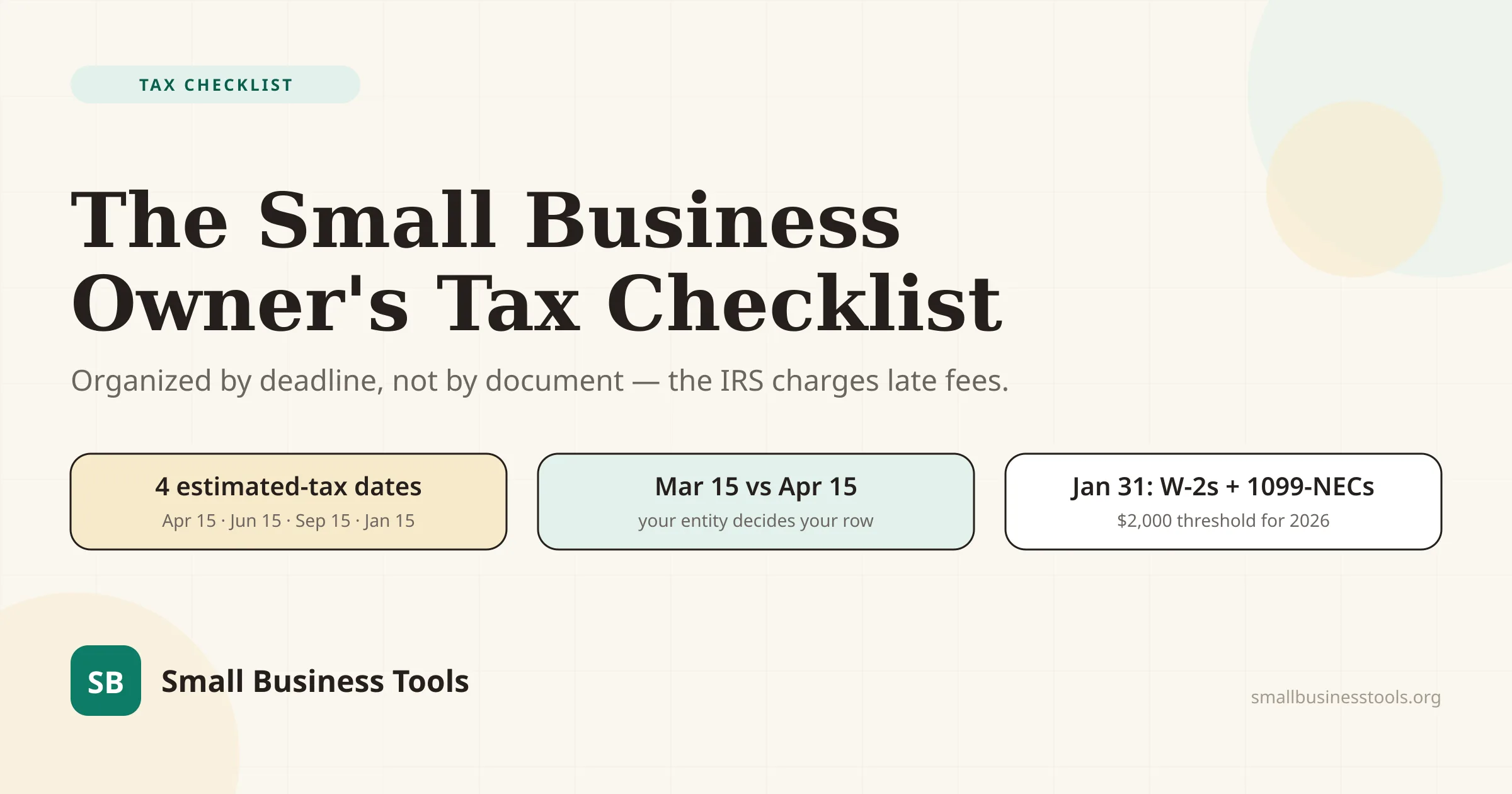Editorial hero for the guide The Small Business Owners Tax Checklist. The year of small business tax deadlines: quarterly estimated taxes, the March 15 pass-through return date, April 15, and the January 31 payroll forms, with the IRS rule that your business form determines what you owe and when.