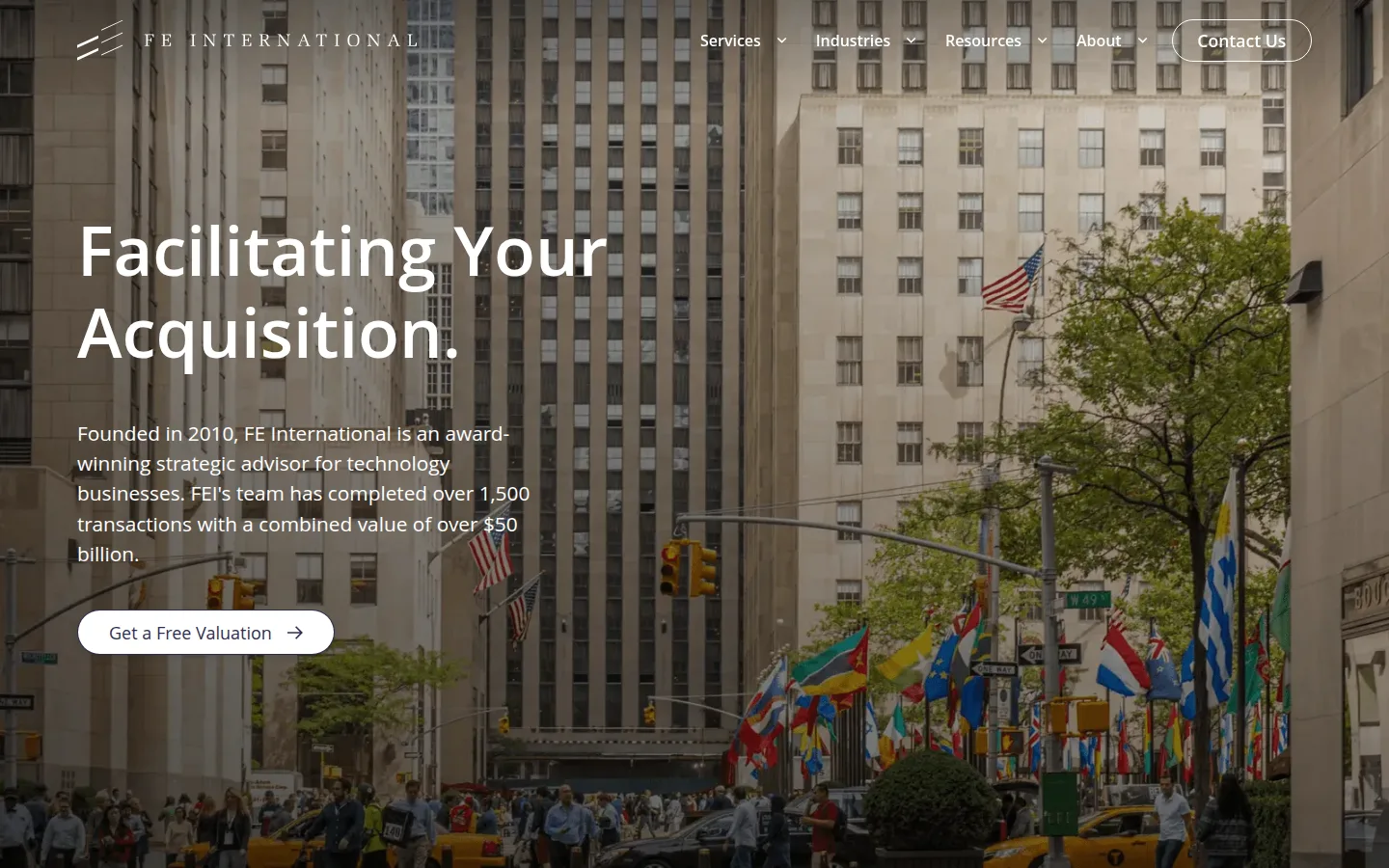 The FE International website, an M&A advisory firm for technology businesses.